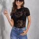 European and American Cross-border 2025 New Elegant Single-layer Mesh Small Vertical Collar Flocking Printed Short-sleeved T-shirt Small Shirt Top for Women