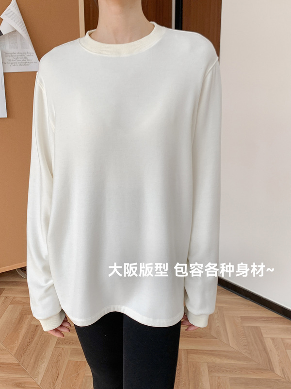 德绒保暖长袖t恤女秋冬宽松圆领套头休闲上衣男女同款中性大版TEE|undefined