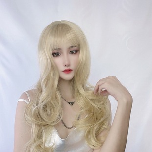 Net red live color wig female long curly hair air bangs creamy-white big wave chemical fiber headgear a generation of hair