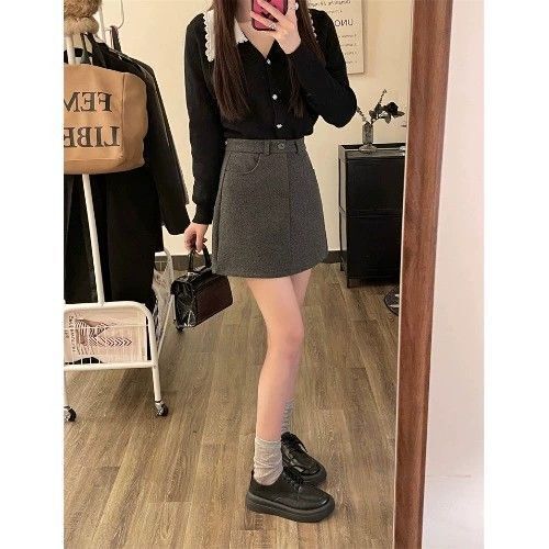 咖色毛呢半身裙女秋冬新款休闲百搭气质短裙高腰显瘦学院风a字裙|undefined