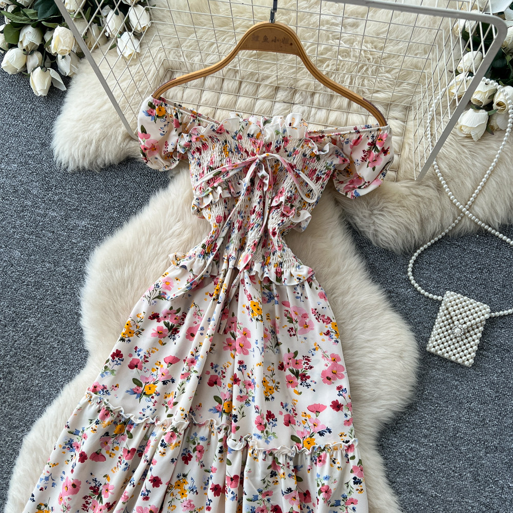 Women's French Sweet Style Square Neck Floral Dress Summer Korean Pleated Waist Tie A-Line Elegant Long Red Dress_ecoleips.com