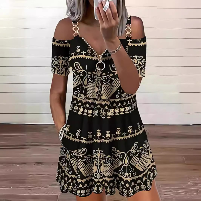 2026 Summer New Casual Sexy Off-Shoulder Digital Print Chain Decorated Vintage Swing Dress for Women-Xw256