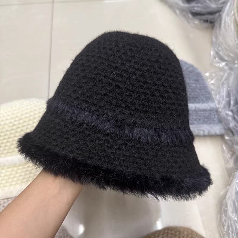 2025新款细绳蝴蝶结后开叉毛绒针织渔夫帽子女秋冬季保暖毛线盆帽|undefined