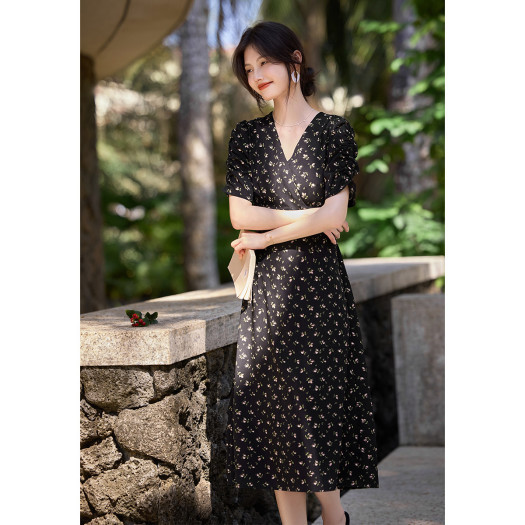 Đầm maxi nữ cổ V thắt eo họa tiết hoa nhí kiểu Pháp — đen chi tiết 2