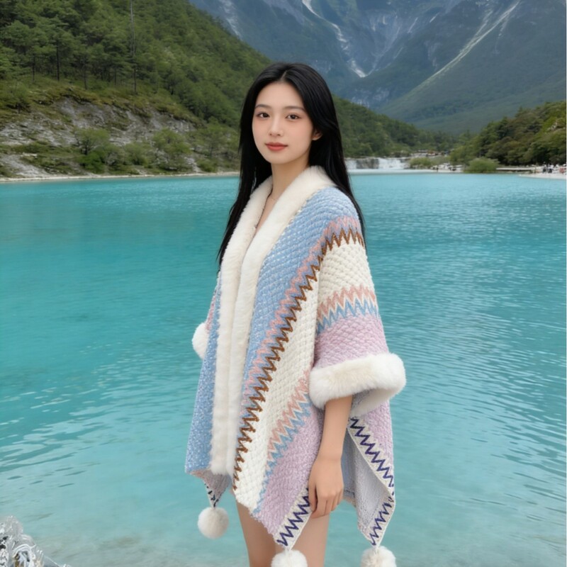 Rex Rabbit Fur Big Fur Collar Ethnic Style Shawl Lijiang Scarf Travel Cloak Outer Thickened Cloak Cloak Manufacturers