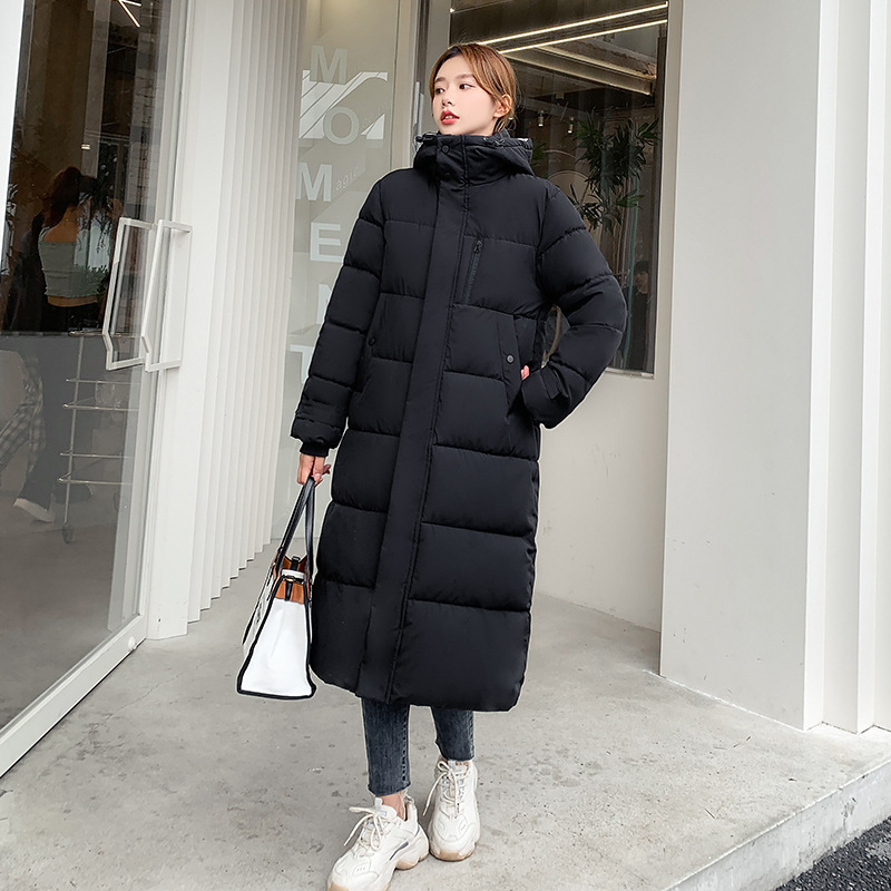 Nuevo comercio exterior 2023 ropa de algodón coreana mujer invierno largo encapuchado rodilla ropa de algodón damas gruesa abrigo de algodón blanco