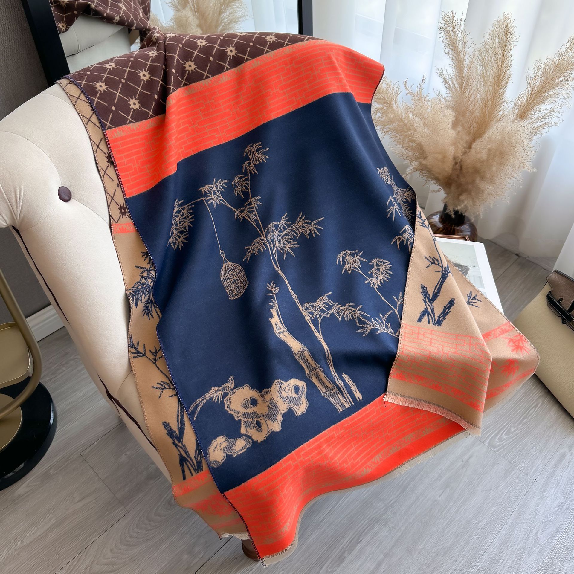 Nueva moda vintage bambú impresión bufandas para damas de alto nivel 2024 otoño y invierno grueso manteniendo el calor bufandas