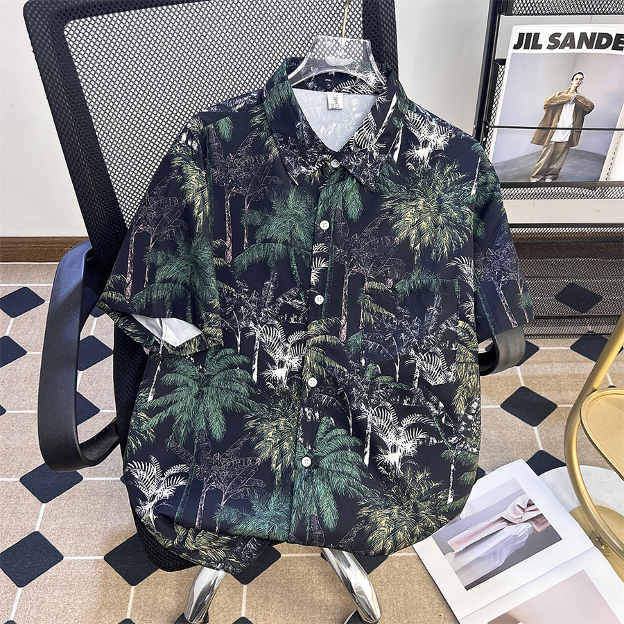Summer Island Plant Theme Printed Short-sleeved Shirt Men's Hong Kong Style Fashion Brand Loose Bf Style Couple's Beach Flower Shirt