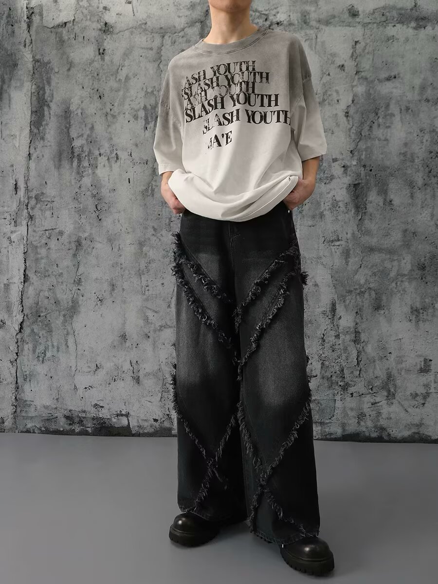 Unisex High Street Vintage Washed Distressed Patchwork Jeans Relaxed Wide Leg Straight Denim Pants for Men And Women_mkmklike.com