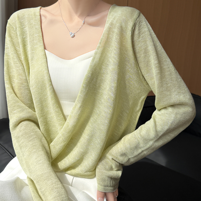 French-Style V-Neck Thin Cover-Up with Cross Collar, Ice Silk Bamboo Linen Summer Sun Protection Shirt, Knitted Cardigan, Loose Thin Jacket