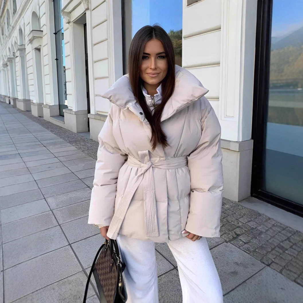 2025欧美女装独立站保暖收腰 长袖系腰 宽松纯色时尚秋冬棉服棉衣