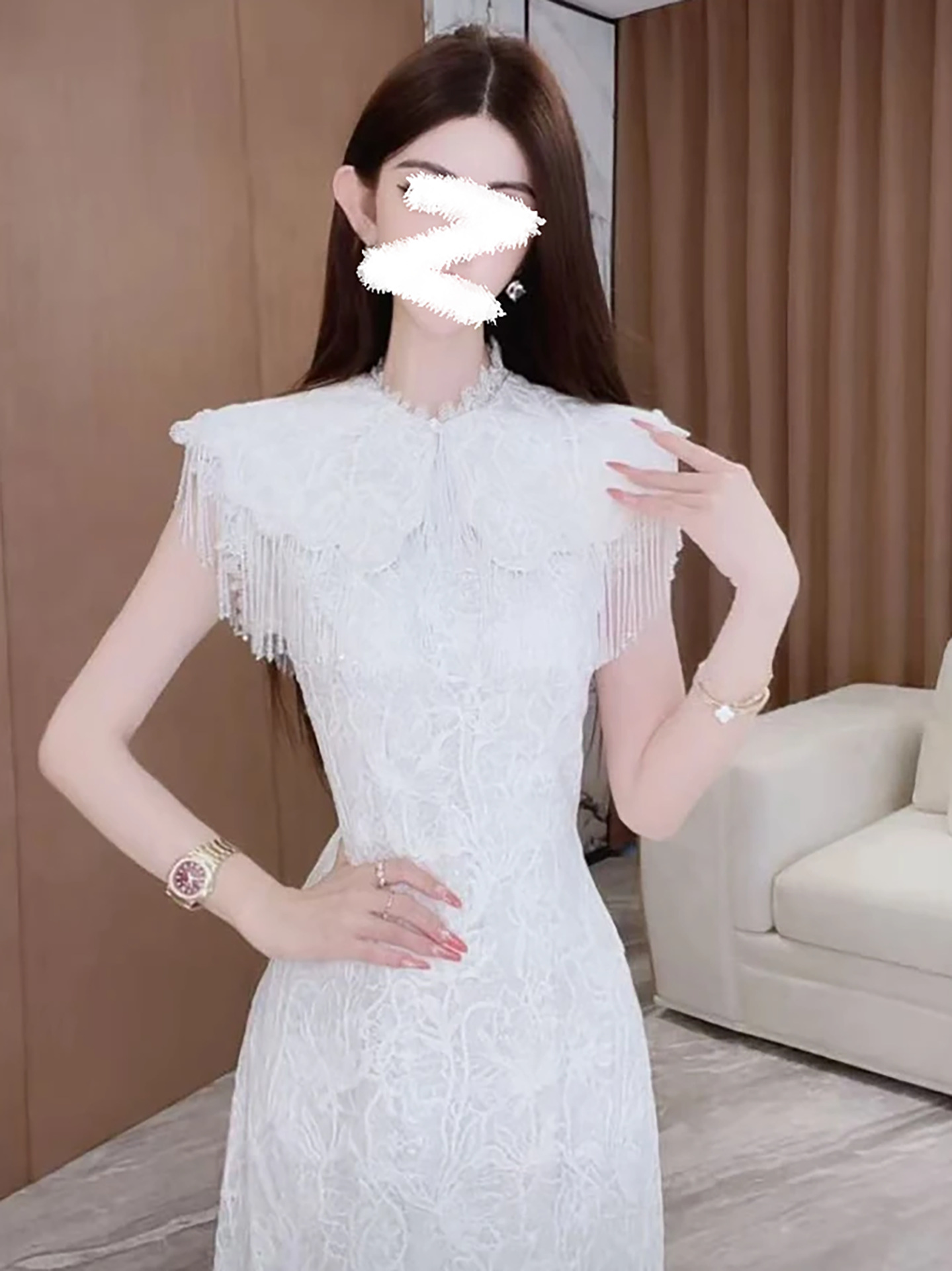 Đầm maxi nữ thắt eo cổ đứng ren tân cổ điển — màu đen, màu trắng