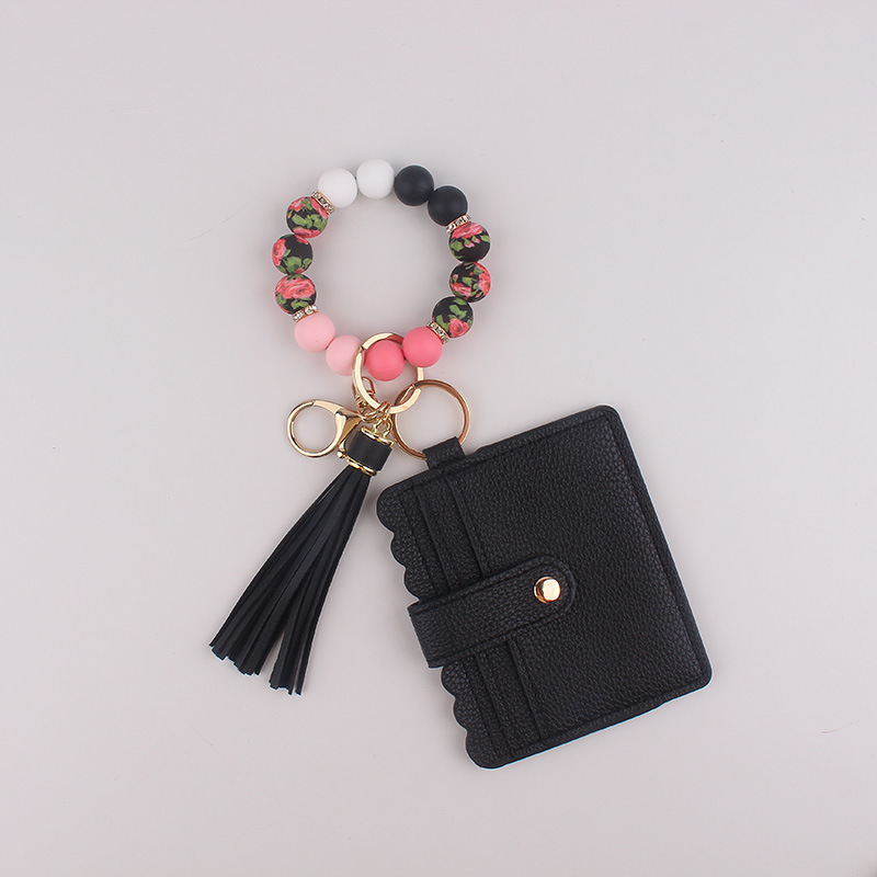 跨境现货女士证件包环保硅胶珠手链钥匙扣 纯色皮革小钱包