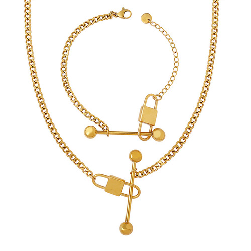 European and American ins style fashion trend lock small waist necklace bracelet jewelry set titanium steel 18K real gold does not fade