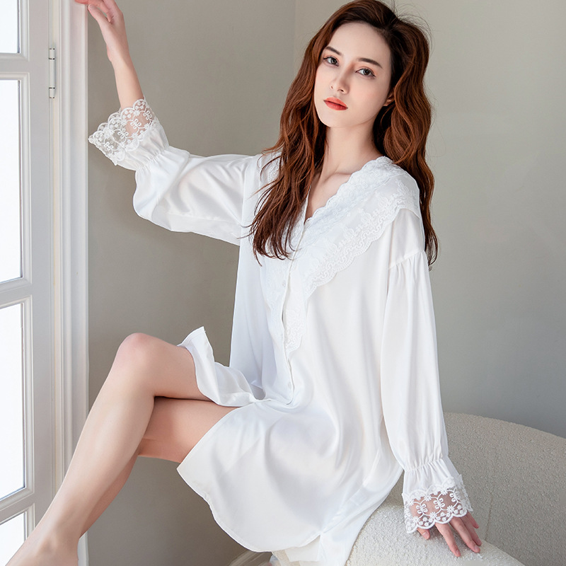 여성을위한 얼음과 눈 실크 잠옷 여름 섹시한 레이스 긴팔 솔리드 컬러 카디건 정장 궁전 스타일 프랑스 실크 홈웨어