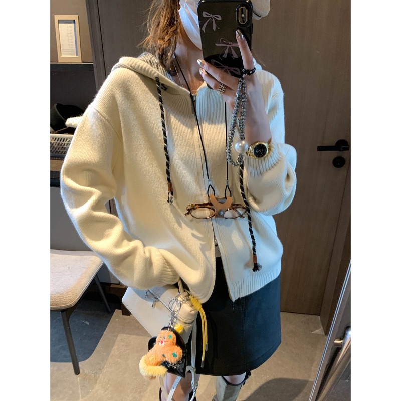 摩且 双拉链设计感 韩系慵懒高级感提花抽绳连帽针织开衫 MQ1966