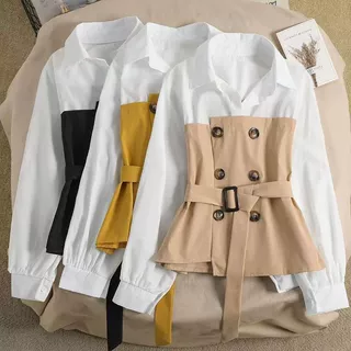 MG小象新款女士精品小个子拼接POLO领不规则下摆系带收腰长袖衬衫