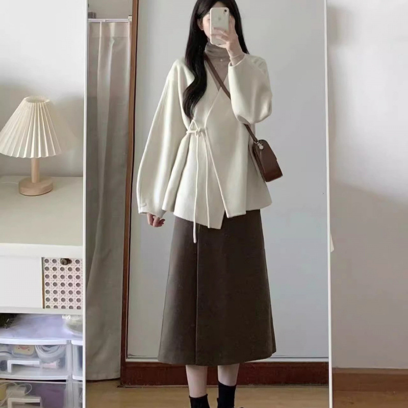 임산부 가을 겨울 스웨터 정장 니치 디자인 레이지 스타일 레이스업 니트 카디건 투피스 슬림 드레스