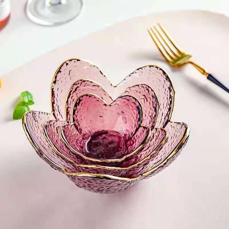 金边锤目纹荷花碗玻璃花瓣小碟子高颜值蘸料小碟水果糕点托盘批发|undefined