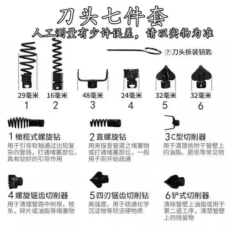 Herramienta de cabeza de corte de draga de tubería conjunto de siete piezas accesorios de herramientas de alcantarillado doméstico