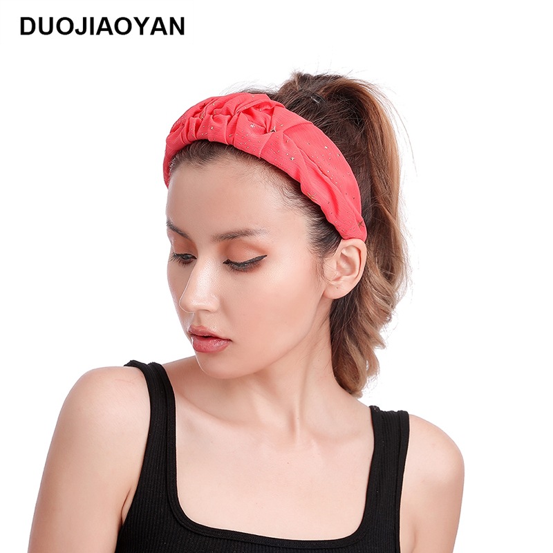 Creative New Chiffon Pleated Fabric Spring And Summer Simplicity With Gold Flash Wide Brim Hair Band Non-slip All-matching Headband display picture 12