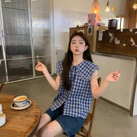韩国学院风少女感女式衬衫2024青春夏日搭配翻领蓝色格子无袖开衫