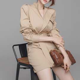 跨境女装2024春装新品休闲气质立领不规则中长款风衣外套式连衣裙