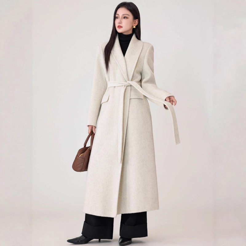 Green Fruit Collar Cashmere Wool Coat Woolen Outwear Wool Autumn and Winter Woolen Outwear Women's Thickeneded Camel Velvet Mid-Length