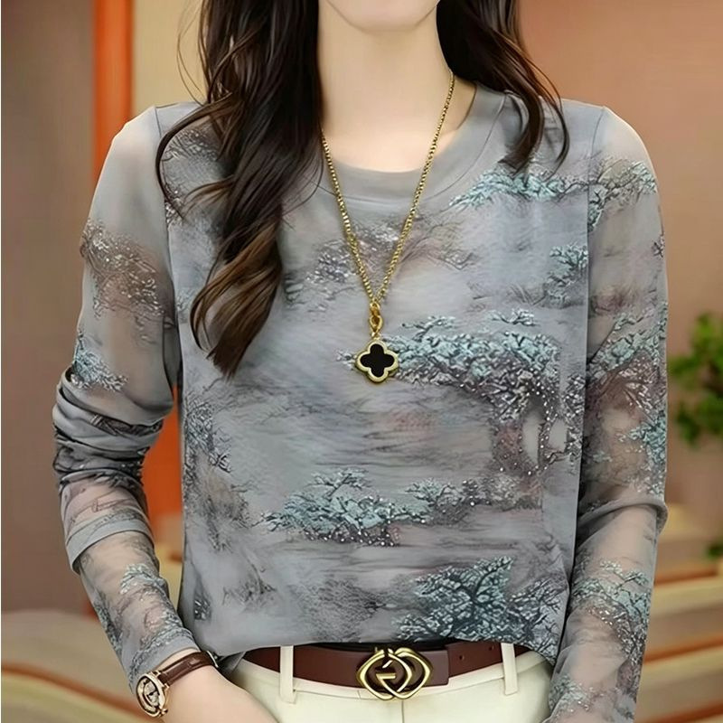 Summer Thin Long-Sleeve Blouse, Fashionable and Elegant Mom-Style Clothing, Popular Live-Stream Item, Plus-Size Mesh Patchwork Youthful T-Shirt for Women