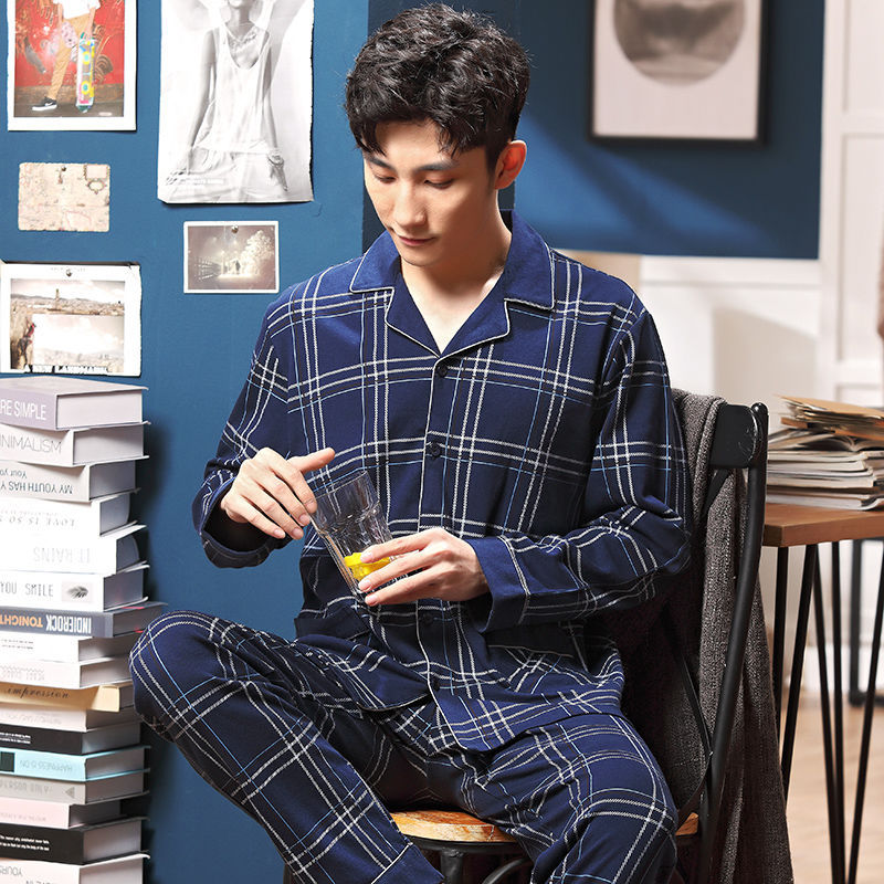 Pijamas de los hombres de primavera y otoño 100% algodón de manga larga de los hombres de desgaste del hogar de los hombres de otoño e invierno más traje de tamaño