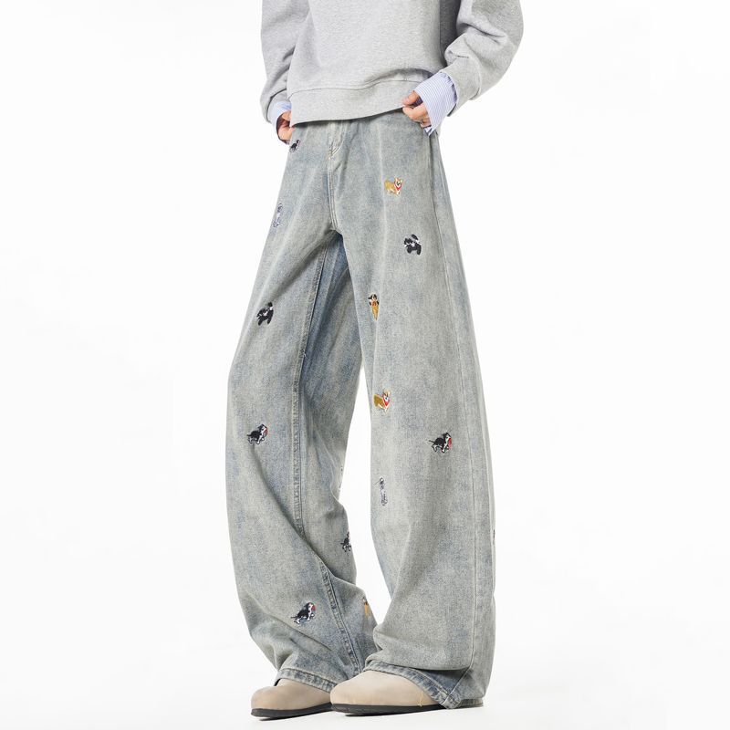 American Retro Style, Height-Enhancing, Cute, Spring Fashion, High-Quality, Versatile, Slimming, Floor-Length Pants, Dog Design Jeans