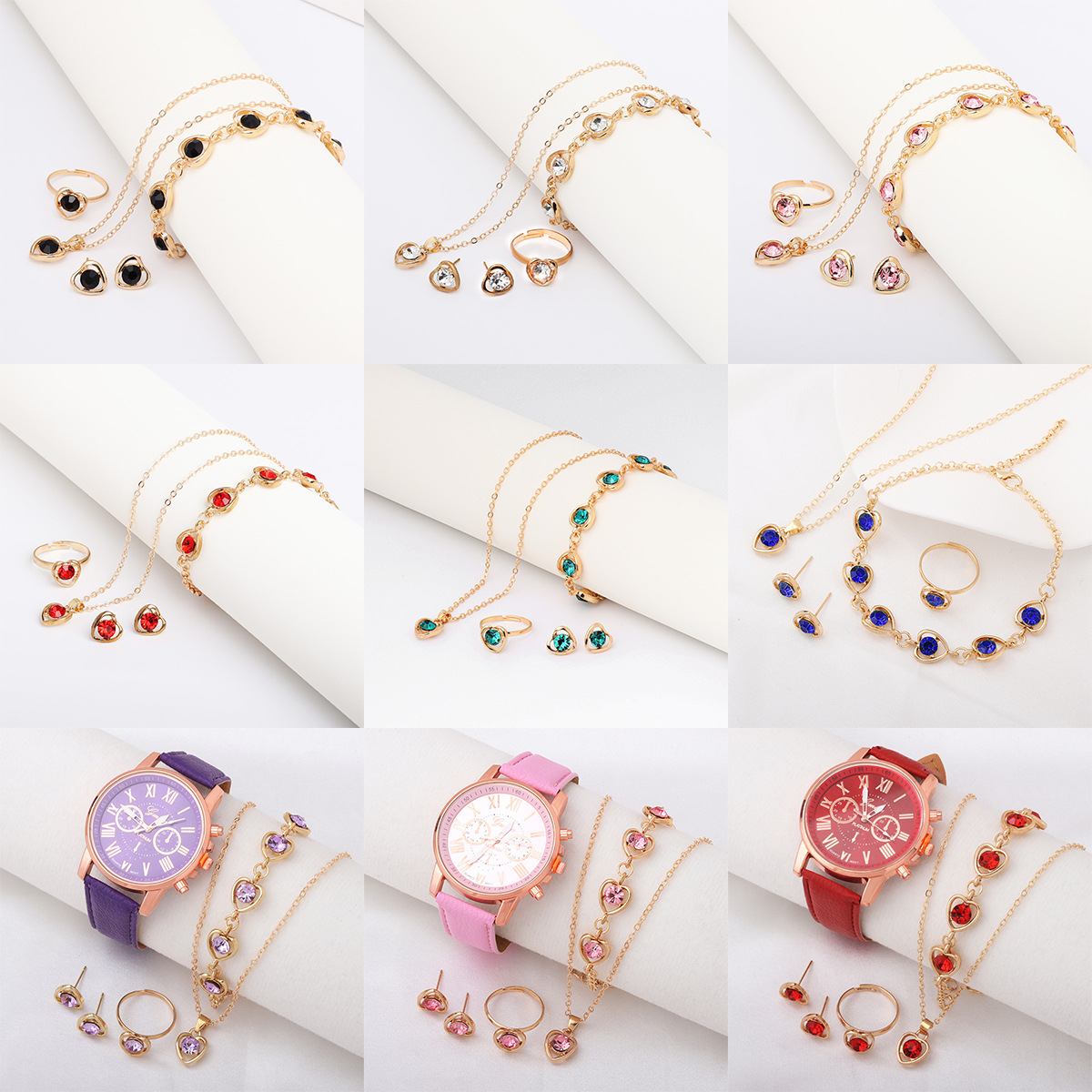 Amazon Cross-Border European and American Crystal Love Jewelry Set Fashionable Peach Heart Necklace Earrings Ring Bracelet