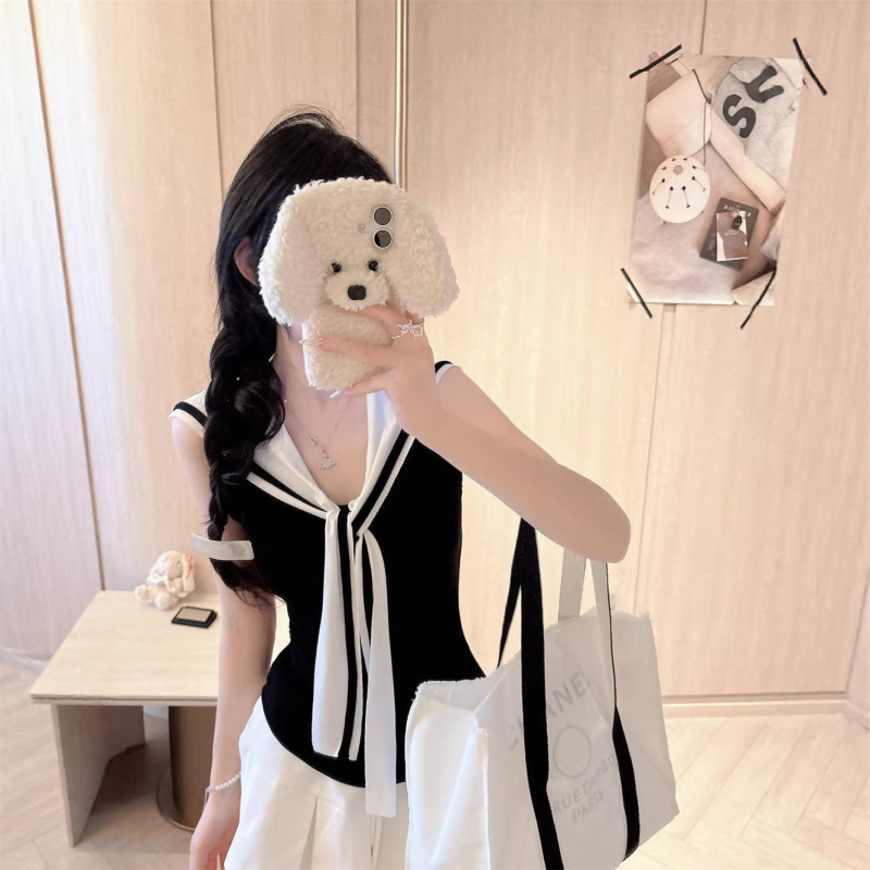 Navy Style Tie-Up V-Neck Sleeveless Vest for Women, Summer Top with Chest Pads, Slim Fit, Flattering, Sweet and Stylish for Petite Figures