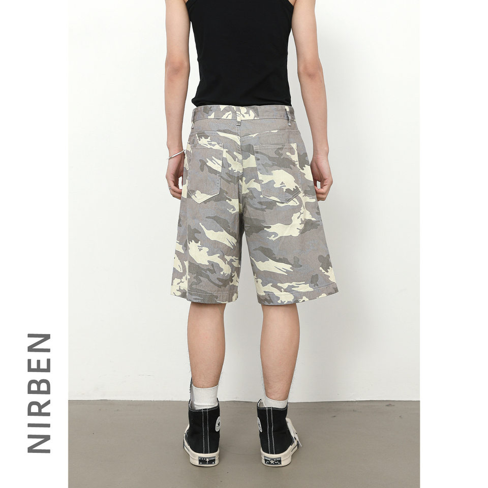 Quần short nam denim họa tiết rằn ri phong cách công sở đi biển — Màu trắng, Màu đen, Màu đất gỉ sét, Ngụy trang màu mơ