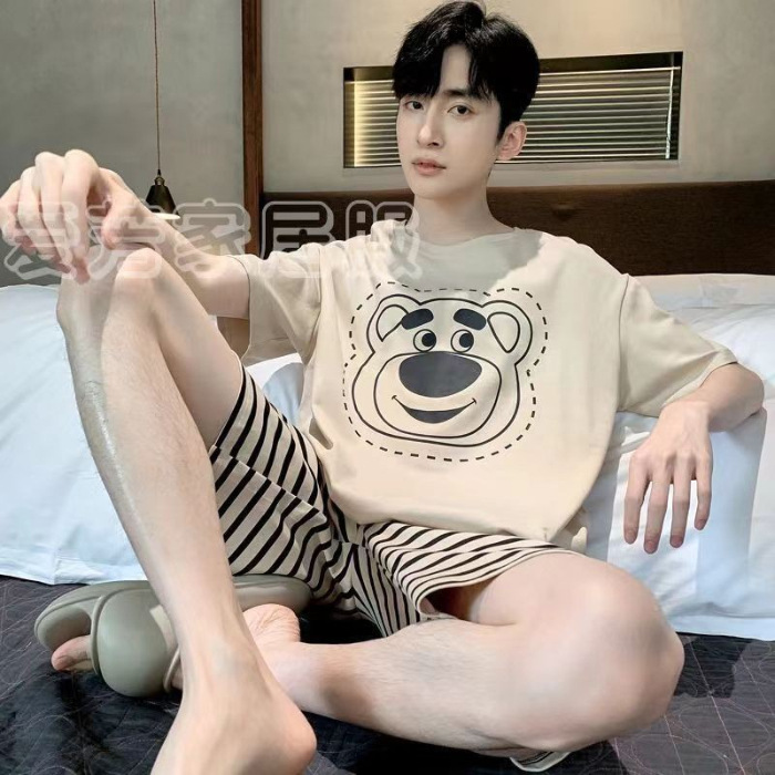 2024 verano de dibujos animados coreanos para hombres de cuello redondo simple suelto pantalones cortos de manga corta set de algodón ropa doméstica se puede usar fuera