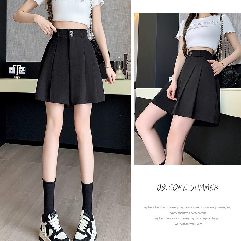 Black Five-Point Suit Shorts for Women, New Autumn High-Waisted A-Line Casual Pleated Wide-Leg Shorts 2025