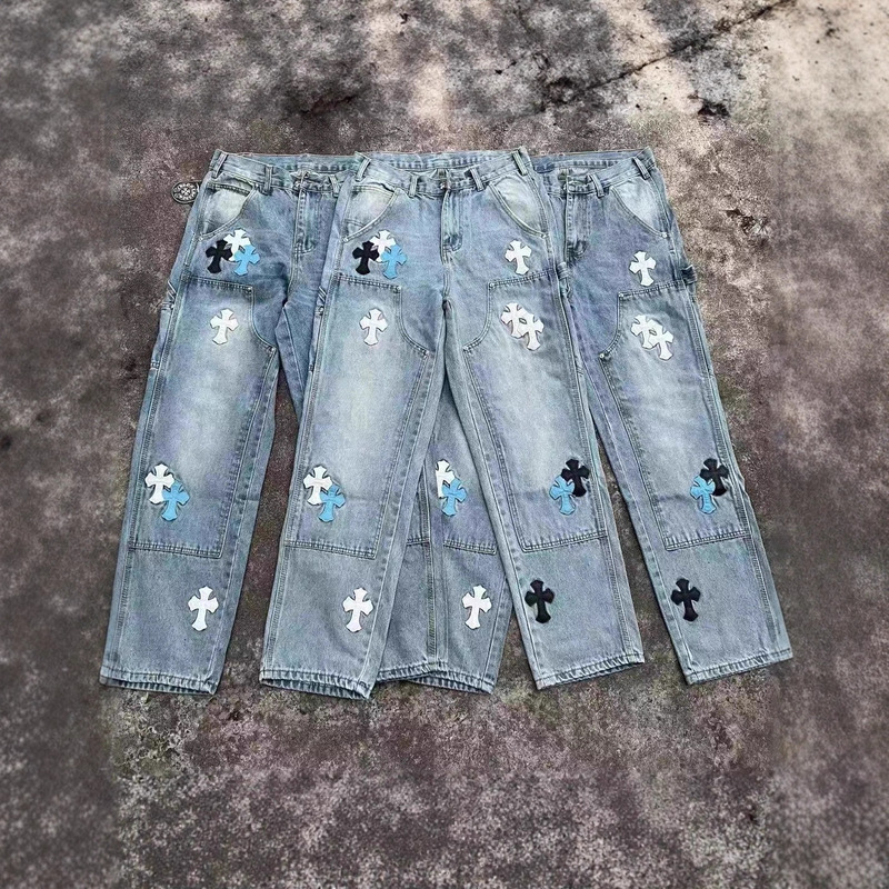 In-Stock Instant Delivery Jpk Self-Designed Ch Double-Knee Cross Patch Leather B73 Style Lumberjack Pants Denim Jeans Cross Patch