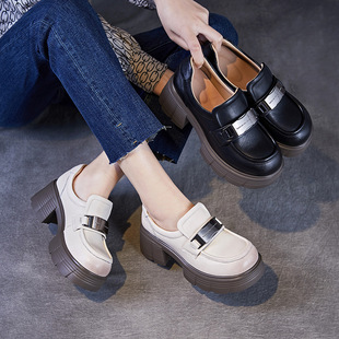 To the United States color thick heel platform loafers women's 2025 spring new genuine leather one-step small leather shoes British style single-layer shoes