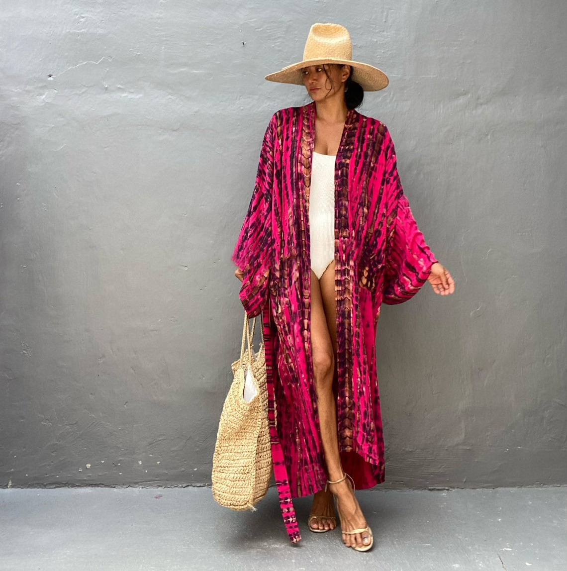 European And American Rayon Water Print Beach Cover up Sexy Loose Cardigan Swimsuit Bikini for Women_ecoleips.com
