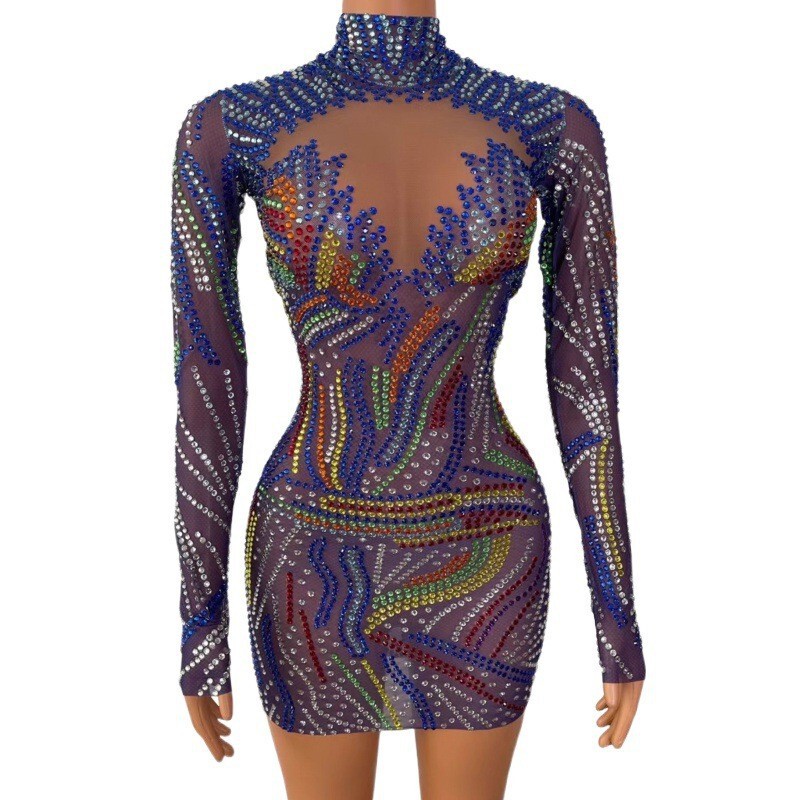 Colorful Crystal Mini Low-Cut Blue Birthday Dress, Diamond Summer Dress, Long-Sleeved Short Dress for Party, Stage Performance Colorful Crystal Mini Low-Cut Blue Birthday Dress, Diamond Summer Dress, Long-Sleeved Short Dress for Party, Stage Performance
