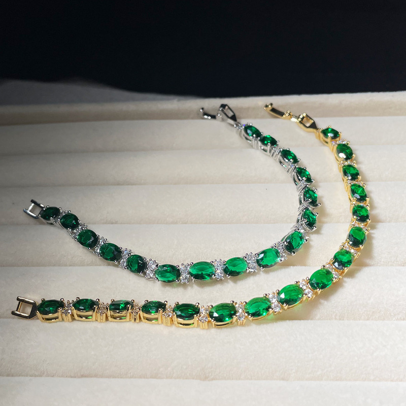 Cross-border European and American hot selling light luxury high-grade emerald bracelet bright AAA zircon oval green diamond elegant bracelet