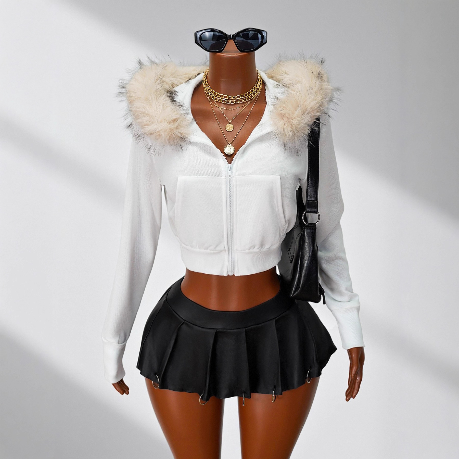 Petite Hooded Short Jacket Large Fur Collar Zip Up Solid Color Cropped Sexy Sweatshirt Autumn Winter Outerwear_voghion.com