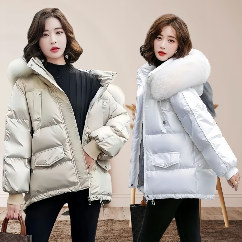 광택 있는 노워시 다운 코튼 자켓 여성용 숏패딩 2025 한국 스타일 트렌디 패션 큰 퍼 칼라 루즈핏 브레드 패딩 인기 코트