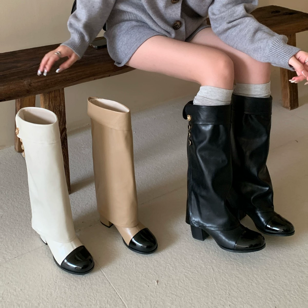 Ботинки Xiaoxiang на толстом каблуке, утягивающие высокие ботинки-туфли, свободные длинные ботинки для женщин