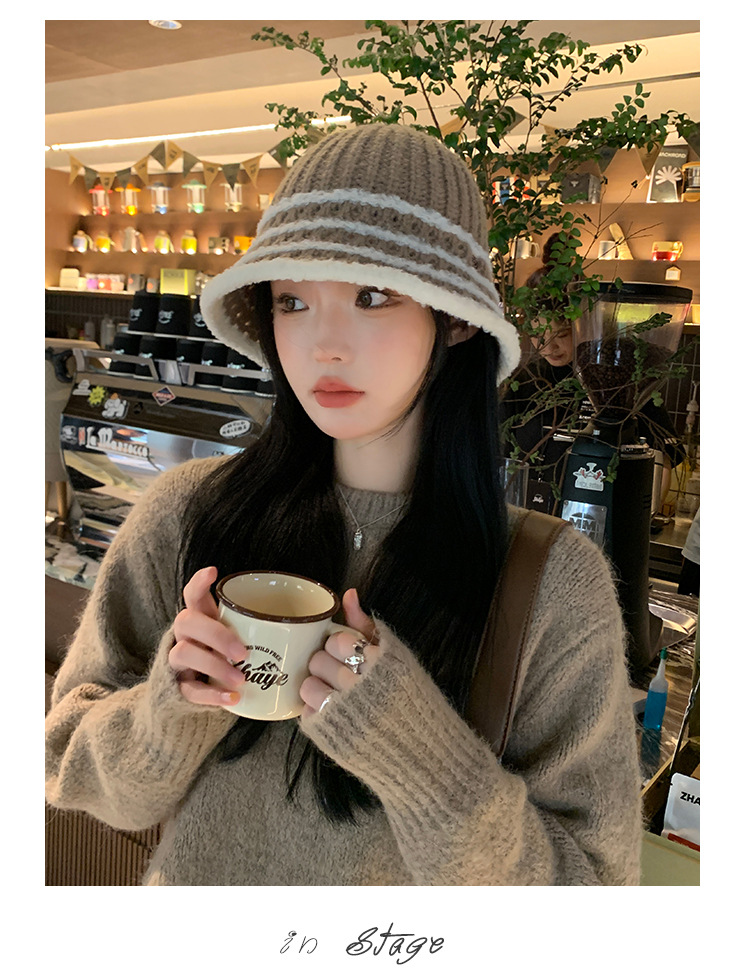Autunno e inverno nuovo cappello coreano a righe lavorato a maglia con viso piccolo a secchiello per esterni in lana lavorata a maglia calda e alla moda_voghion.com