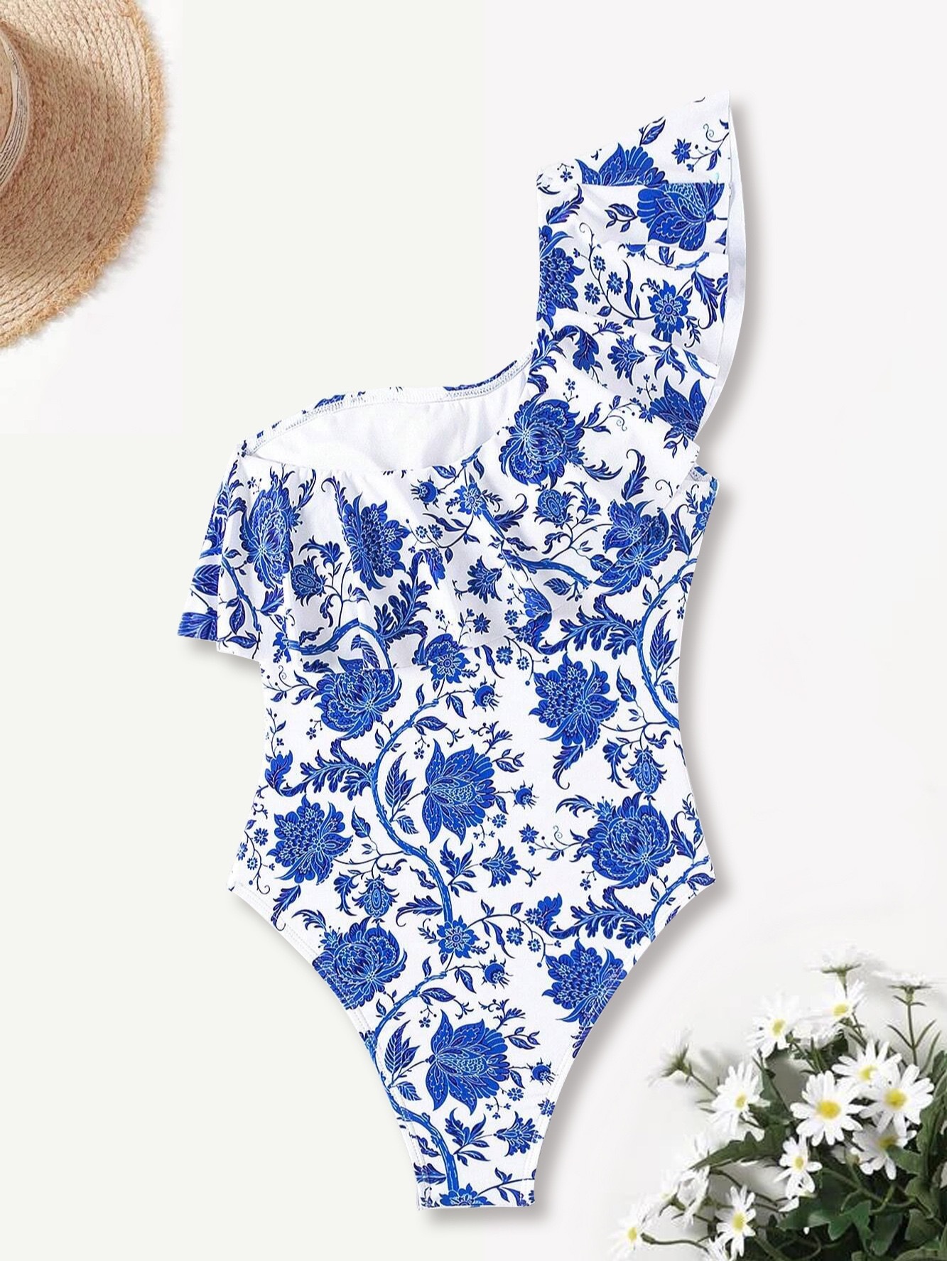 201g Weight Sleeveless Sleeve Length Polyester Fabric Type Regular Top Length Bodysuit Tops Type Swimming Occasion One Shoulder Neckline Skinny Fit Type Flower Pattern Women's Gender Bohemian Style Women's Bohemian Flower One Piece Swimwear 7