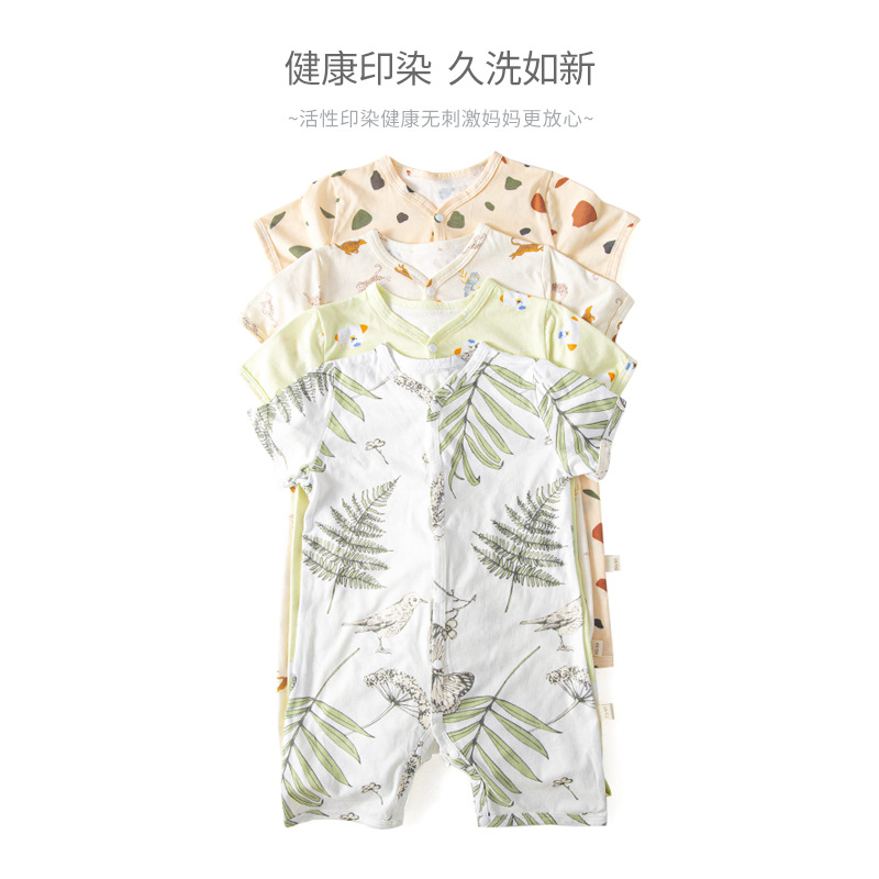 INS estilo europeo y americano estilo bebé manga corta mameluco verano fino bambú algodón impreso vaina mameluco para niños y niñas ropa de bebé