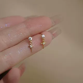S925纯银镀14K金十字架镶钻耳钉女 芒星气质轻奢耳饰 跨境批发