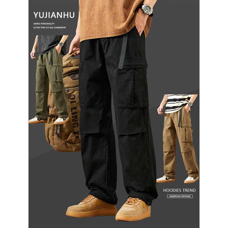 American Functional Cargo Pants for Men, Spring and Autumn, Loose Straight Large Size, Large Pockets, Black Casual Long Pants with Fleece
