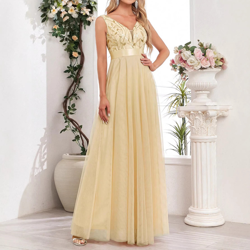 Cross-Border New Style Sequined Mesh Hem A-Line Sleeveless Elegant Luxurious V-Neck Evening Dress Cross-Border New Style Sequined Mesh Hem A-Line Sleeveless Elegant Luxurious V-Neck Evening Dress